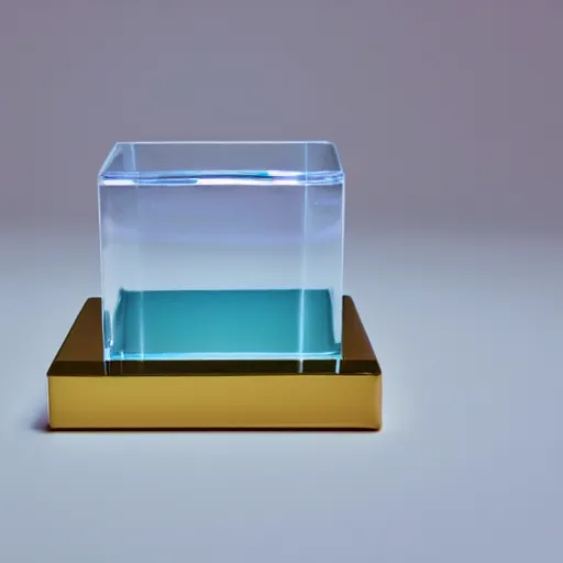 Prompt: an ultra high definition professional studio quality photograph of a transparent perspex cube shaped pastel coloured ashtray on a white plinth in an empty white room. dramatic lighting, ray tracing, refraction, shallow d. o. f, colour corrected, golden ratio, three point light.