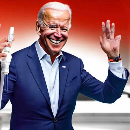 Image similar to joe biden wearing bright clashing extravagant clothes, big teeth smile, walking cane, midpart hair, blender render