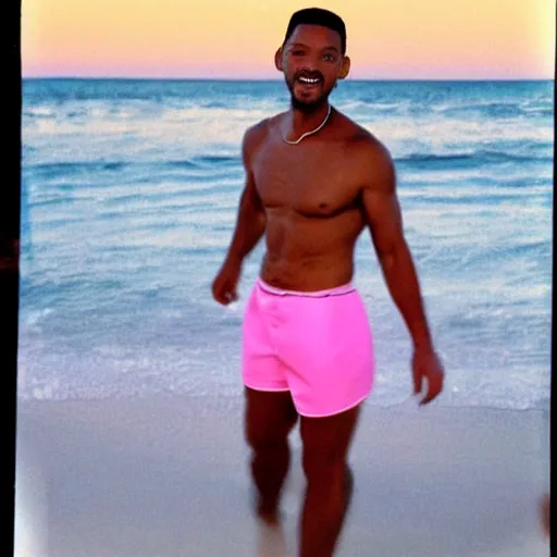Prompt: will smith wearing a pink speedo on a moonlit beach in miami in the 8 0 s, polaroid photo