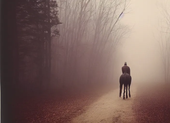 Prompt: medium shot, an evil horse is walking, woods, horror, fog, the horse is breathing smoke, polaroid photo, vintage, neutral colors, by gregory crewdson,