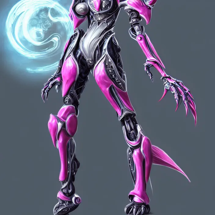 Image similar to highly detailed exquisite fanart, of a beautiful female warframe, but as an anthropomorphic robot dragon, shiny white silver armor engraved, Fuchsia skin beneath the armor, sharp claws, long tail, robot dragon hands and feet, elegant pose, close-up shot, full body shot, epic cinematic shot, professional digital art, high end digital art, singular, realistic, DeviantArt, artstation, Furaffinity, 8k HD render