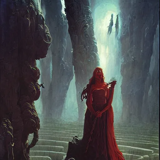 Image similar to fantasy painting with a woman in a surreal environment by Greg Rutkowski and Michael Whelan w 1024