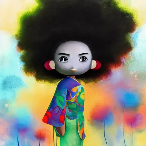 Image similar to a black girl with a colorful afro and big beautiful eyes dressed like a samurai, bright colours, watercolor, volumetric wool felting, macro photography, children illustration, by goro fujita