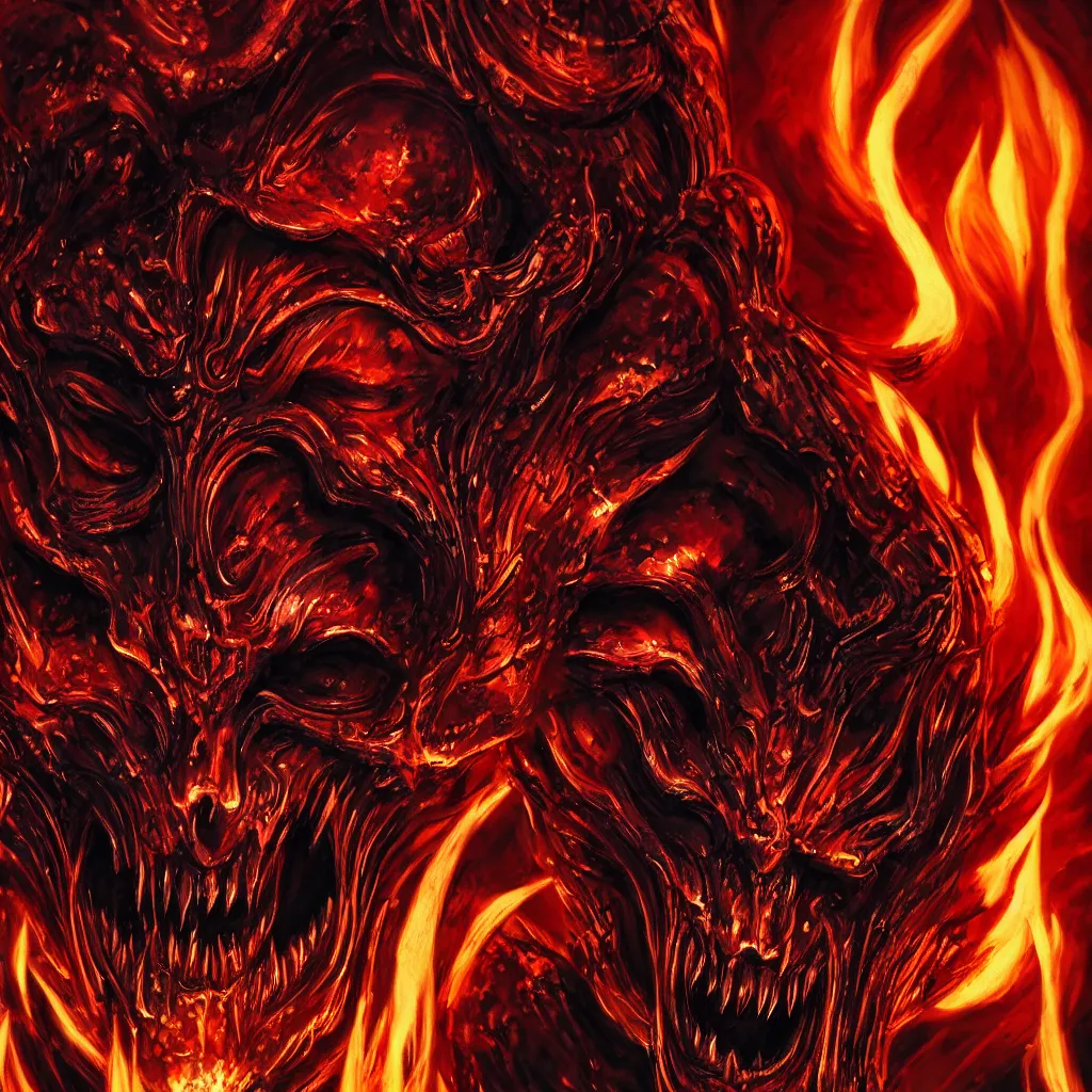 Prompt: close-up macro portrait of the face of the devil engulfed in hell's fury, epic angle and pose, ornate, symmetrical artwork, 3d with depth of field, blurred background, shadow figures with skulls in the background, translucent, nautilus, energy flows of and fire evil energy. a highly detailed epic cinematic concept art CG render. made in Maya, Blender and Photoshop, octane render, excellent composition, cinematic dystopian brutalist atmosphere, dynamic dramatic cinematic lighting, aesthetic, very inspirational, arthouse. y Greg Rutkowski, Ilya Kuvshinov, WLOP, Stanley Artgerm Lau, Ruan Jia and Fenghua Zhong