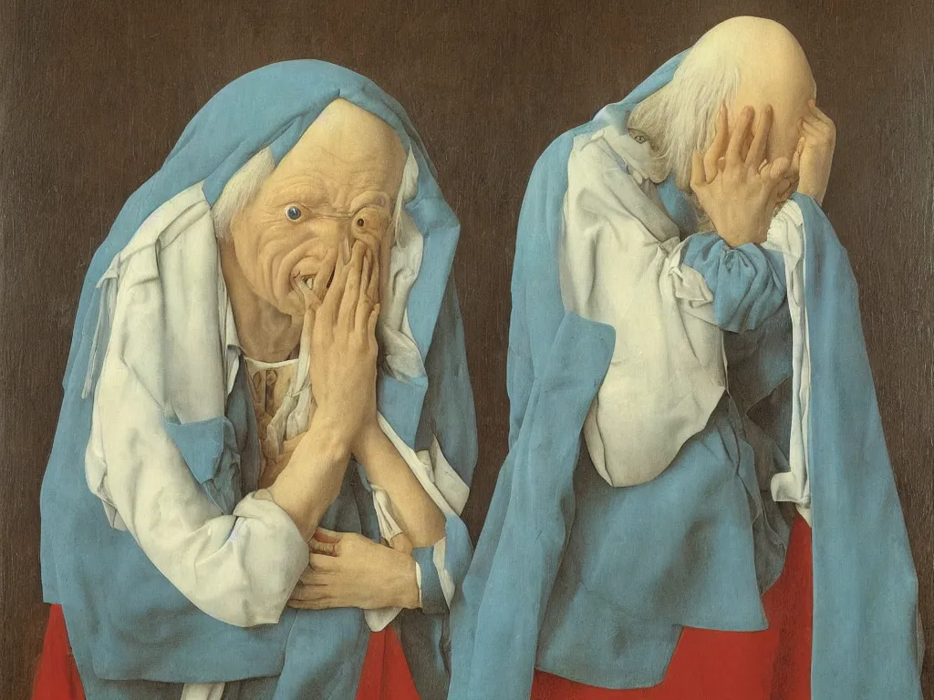 Image similar to Portrait of albino mystic with blue eyes, with tears of joy. Painting by Jan van Eyck, Audubon, Rene Magritte, Agnes Pelton, Max Ernst, Walton Ford