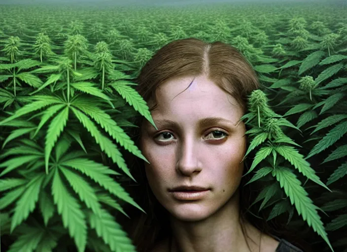 Image similar to photo, young female marijuana farmer, marijuana farm, stefan kostic and david cronenberg, realistic, sharp focus, 8 k high definition, intricate, chiaroscuro, elegant, perfect faces, symmetrical face, extremely detailed, hypnotic eyes, realistic, fantasy art, masterpiece zdzislaw beksinski, national geographic, artgerm