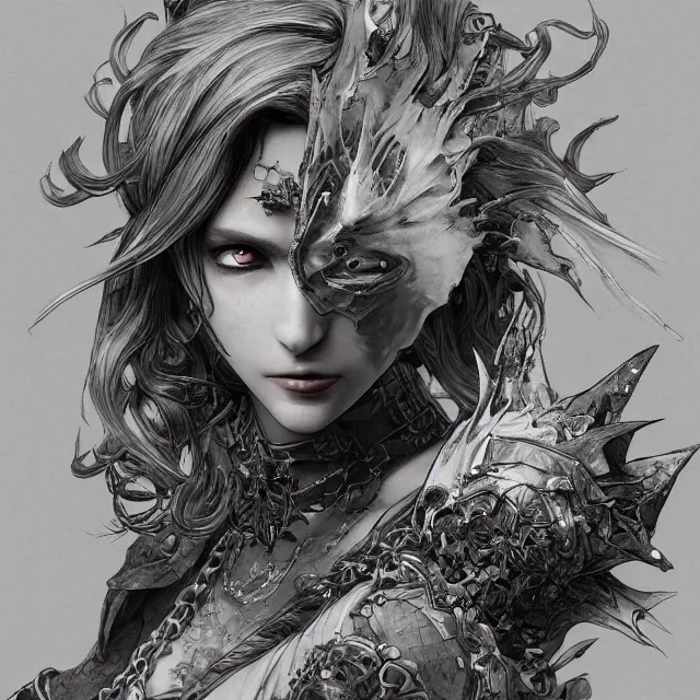 Image similar to the portrait of neutral evil fallen female dark knight vagabond as absurdly beautiful, gorgeous, elegant, sophisticated, woman, an ultrafine hyperdetailed illustration by kim jung gi, irakli nadar, intricate linework, bright colors, octopath traveler, final fantasy, unreal engine 5 highly rendered, global illumination, radiant light, detailed and intricate environment