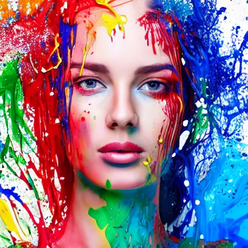 Prompt: potrait of a female model get splash with paint liquid , commercial ads