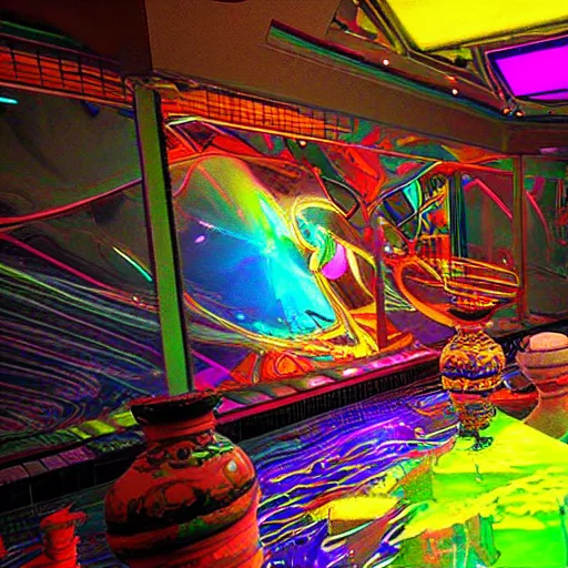 Prompt: backflip into a pool caustics lighting impressive colorful masterpiece graffiti nvidia raytracing demo