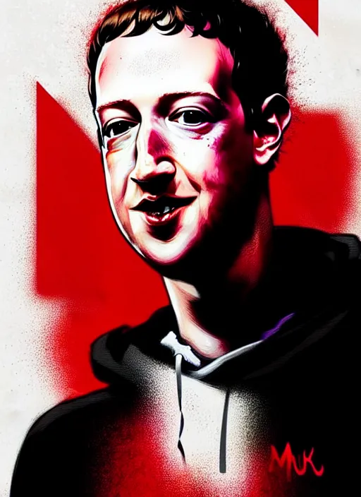 Prompt: highly detailed closeup portrait of mark zuckerberg, mudoken, by atey ghailan, by greg rutkowski, by greg tocchini, by james gilleard, by joe fenton, by kaethe butcher, gradient red, black, brown and white color scheme, grunge aesthetic!!! white graffiti tag wall background