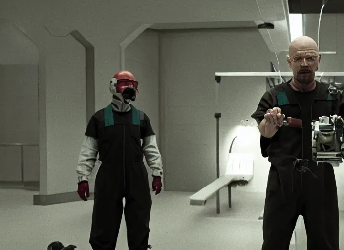 Image similar to film still of Walter White as Gordan Freeman wearing Black Mesa Jumpsuit holding a gravity gun in the Half Life Movie, 4k