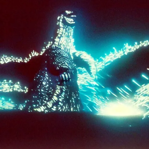 Prompt: a film still of godzilla spelled in the tron font in the movie tron ( 1 9 8 2 )