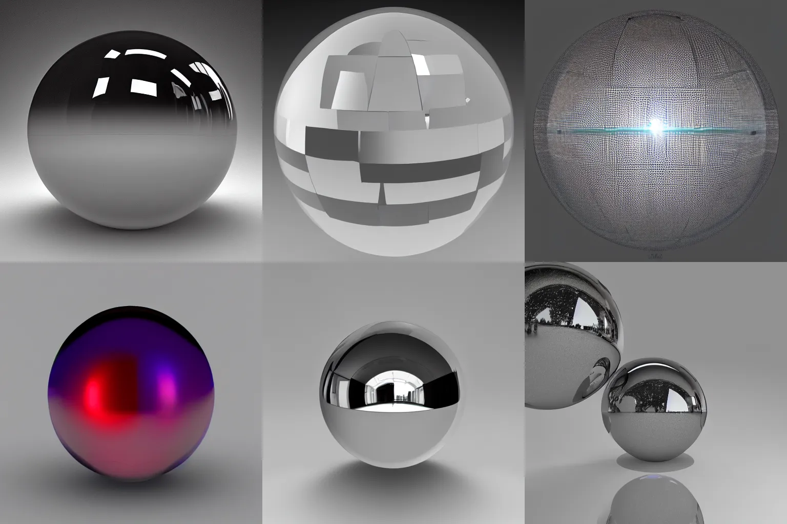 Prompt: raytraced glass spheres and mirrored surfaces simulating early CGI attempts