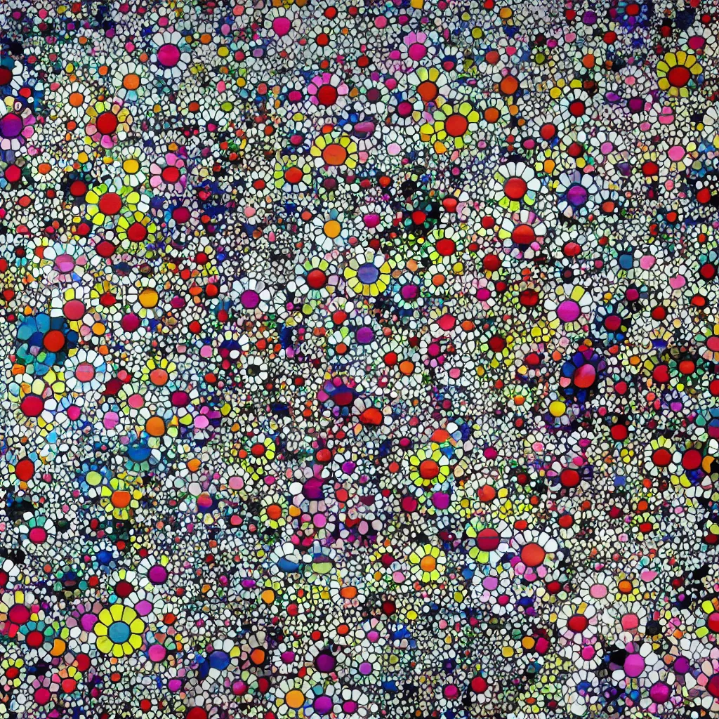 Image similar to camouflage made of flowers, style of takashi murakami, abstract, rei kawakubo artwork, cryptic, dots, stipple, lines, splotch, color tearing, pitch bending, color splotches, dark, ominous, eerie, minimal, points, technical, old painting