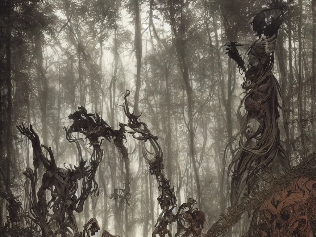 Prompt: horrifying depiction of huge ancient skeletal death god statues, deep in the forest, dawn, low light, artstation, alphonse mucha, realistic art deco, elden ring, jean gireaud, hiroshi yoshida, zdzisław beksinski, painted by craig mullins