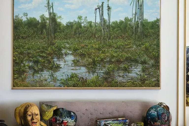 Image similar to hyperrealism oil painting, scene from louisiana swamps, spaceship sank, hemp garden, true detective, artwork 8 0 s japanese sci - fi books art