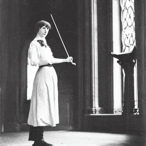 Prompt: a young edwardian woman playing a violin inside a cathedral, black and white photograph