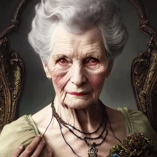 Image similar to portrait painting of an extremely fancy elderly woman with a devious expression, gaslamp fantasy, victorian, ultra realistic, concept art, intricate details, eerie, highly detailed, photorealistic, octane render, 8 k, unreal engine. art by artgerm and greg rutkowski and charlie bowater and magali villeneuve and alphonse mucha