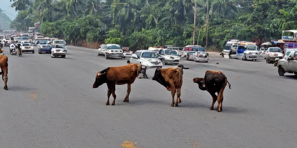 Image similar to car traffic in India caused by a cow in the middle of the road