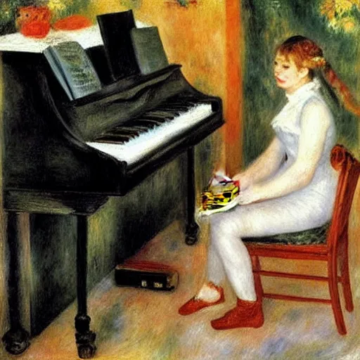 Image similar to blonde girl sits at the piano while her cat lays on the piano keys, painting by renoir