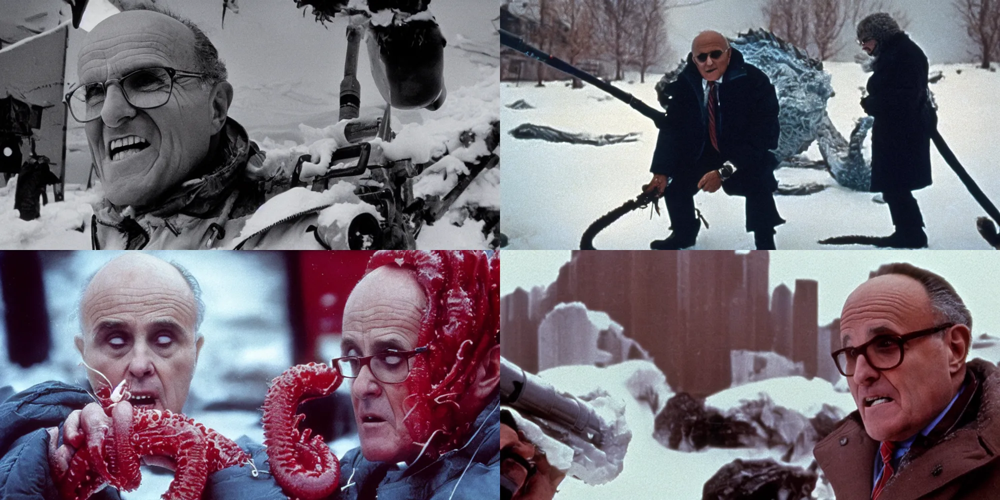 Prompt: rudy giuliani in the thing ( 1 9 8 2 ) directed by john carpenter, alien red tentacles, flesh chunks, flamethrower, antarctica, snow, cinestill 8 0 0 t, 1 9 8 0 s movie still, film grain