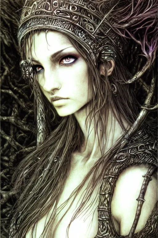 Prompt: head and shoulders portrait of a druid, female, high fantasy, dnd, by luis royo