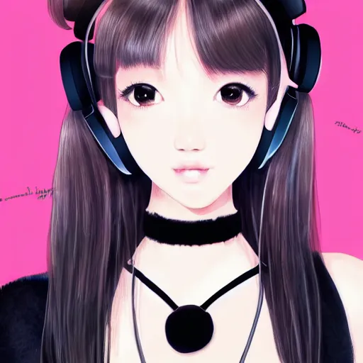 Image similar to realistic beautiful gorgeous buxom natural cute Blackpink Lalisa Manoban black hair cute fur black cat ears, wearing white camisole, headphones, black leather choker artwork drawn full HD 4K highest quality in artstyle by professional artists WLOP, Taejune Kim, Guweiz on Pixiv Artstation