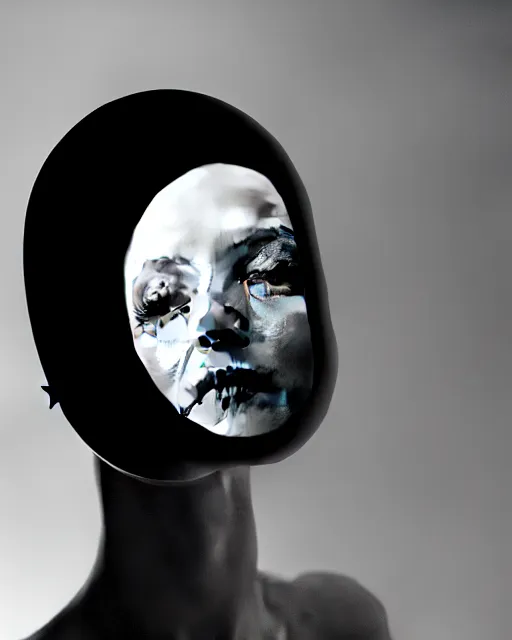 Image similar to black and white high quality photo of a beautiful female AI vegetal-cyborg looking into a sci-fi mirror, volumetric lighting, liminal space, brutalism, foggy, dreamy, hyperdetailed, bokeh, photorealistic, cinematic, masterpiece, Metropolis, elegant, dark, by Man Ray in the style of Horst P. Horst, octane render, 8K,