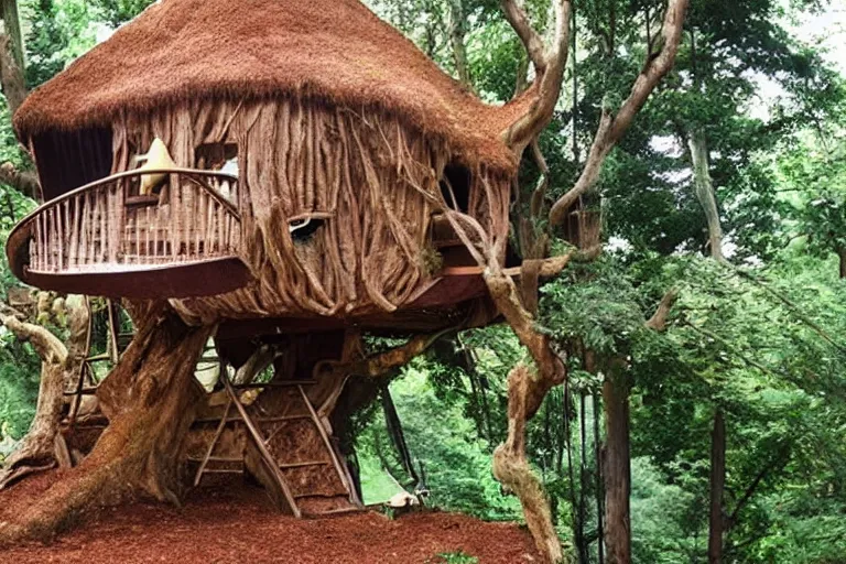 Prompt: a bed made of chocolate inside a tree house