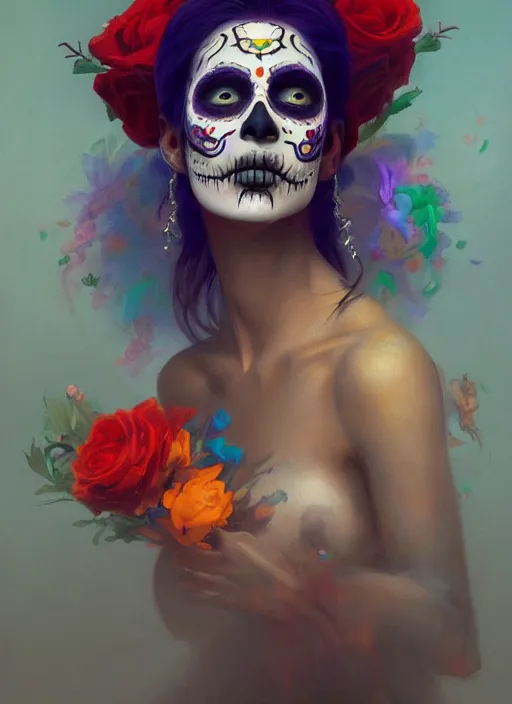 Image similar to portrait of dia de muertos, extremely detailed digital painting, in the style of fenghua zhong and ruan jia and jeremy lipking and peter mohrbacher, mystical colors, rim light, beautiful lighting, 8 k, stunning scene, raytracing, octane, trending on artstation