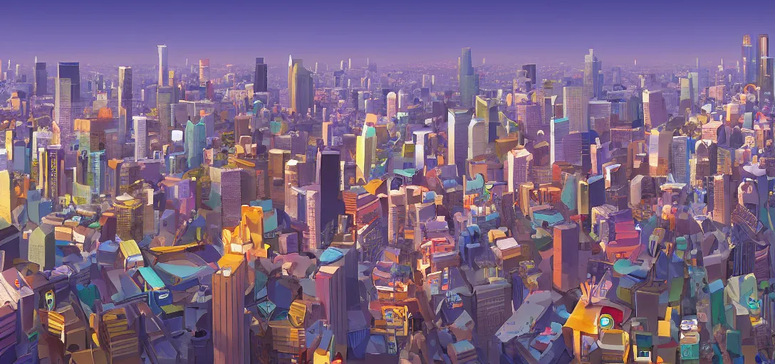 Image similar to visual development los angeles skyline cityscape, by dice tsutsumi, pixar disney dreamworks sony animation, photoshop, the art of books