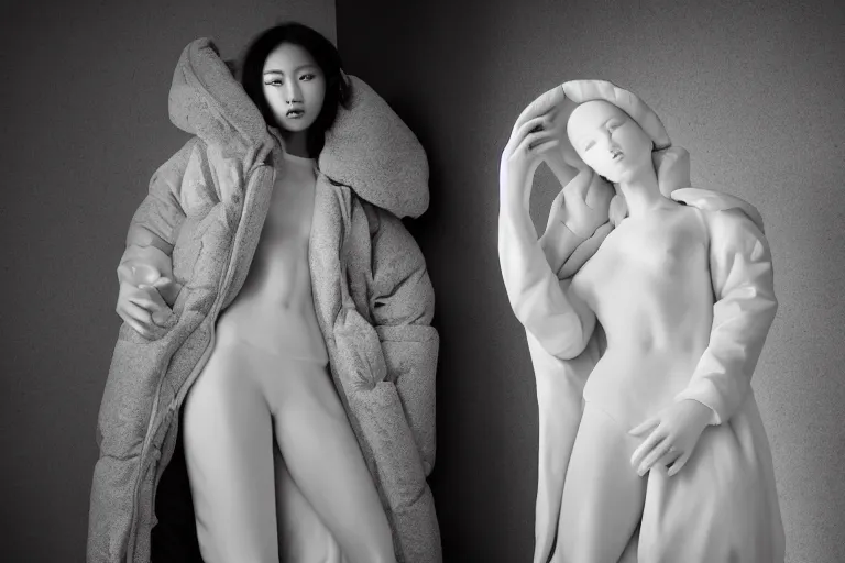 Image similar to well lit fashion shoot portrait of extremely beautiful female marble statue wearing huge over size puffer jacket by dingyun zhang, yeezy, balenciaga, vetements, a cold wall, sharp focus, clear, detailed,, cinematic, detailed, off white, glamourous, symmetrical, vogue, editorial, fashion, magazine shoot, glossy