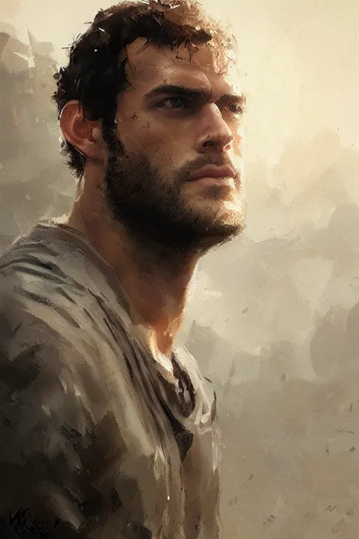 Prompt: herry cavill, attractive male, painting by greg rutkowski