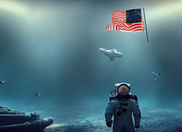 Image similar to astronaut holding a flag in an underwater desert. a submarine is visible in the distance. dark, concept art, cinematic, dramatic, atmospheric, 8 k, trending on artstation, blue, fish, low visibility, fog, ocean floor, christopher nolan, interstellar