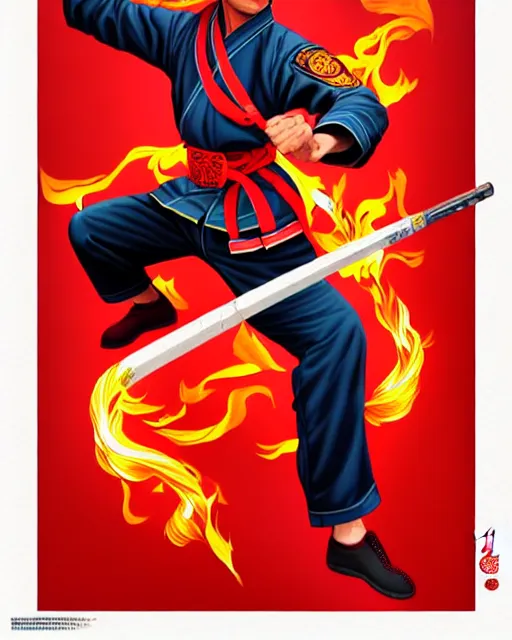 Image similar to richly detailed color illustration of a shaolin-fire-fighter-cop-kung-fu illustrated by Artgerm and Timothy Kong . 3D shadowing