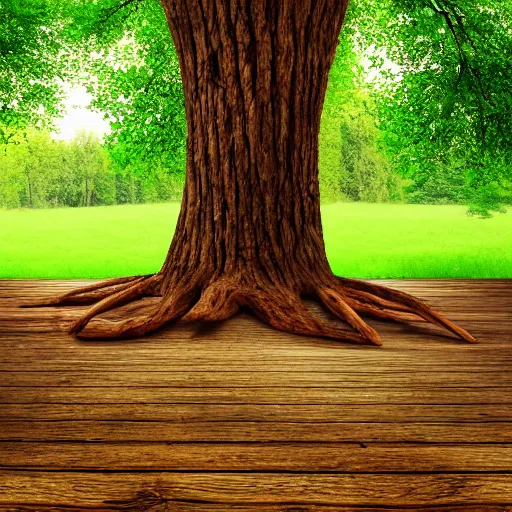 Image similar to wooden platform built around a tree, realistic, photo,