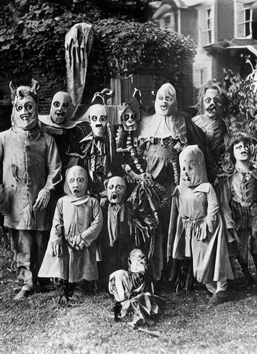 Image similar to photograph from 1902 of Halloween trick or treaters wearing Universal Monsters costumes, highly detailed, vintage film