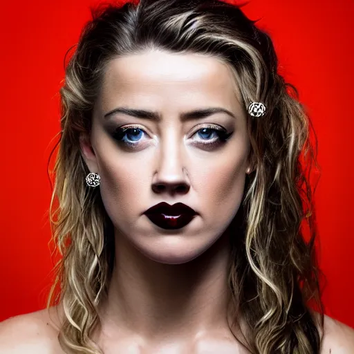 Image similar to amber heard mugshot with nose piercings, lip piercings, eye piercings,'no regrets'tattood on forehead, ultra realistic, 8 k, canon 3 5 mm portrait photography