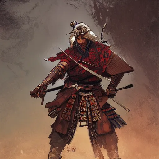 Image similar to A samurai with his sword in a defensive stance, D&D, fantasy, intricate, cinematic lighting, highly detailed, digital painting, artstation, concept art, smooth, sharp focus, illustration, art by Akihiko Yoshida, Greg Rutkowski and Alphonse Mucha