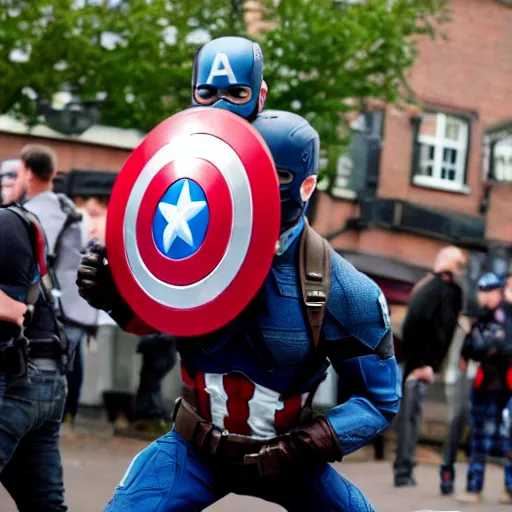 Image similar to photo of captain america fighting the edl in a british pub