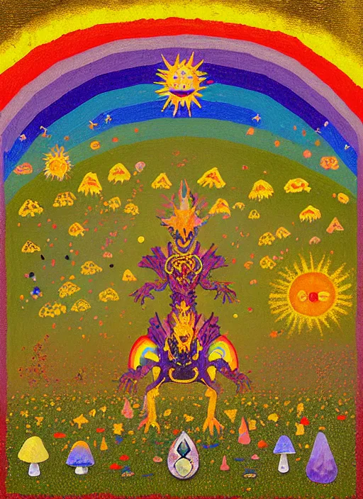 Image similar to pixel decollage painting tarot sun card composition golden armor alien zombie horseman riding on a crystal bone dragon broken rainbow diamond maggot horse in a blossoming meadow full of colorful mushrooms and golden foil toad blobs in a golden sunset, distant forest horizon, painted by mark rothko, helen frankenthaler, danny fox and hilma af klint, pixelated