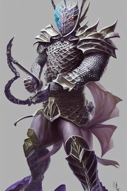 Image similar to Full body character concept art of an anime draconian warrior knight, iridescent scales, cool face, muscular, by Stanley Artgerm Lau, WLOP, Rossdraws, James Jean, Andrei Riabovitchev, Marc Simonetti, and Sakimichan, tranding on artstation