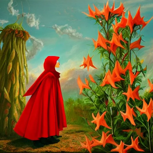 Prompt: oil painting of little red riding hood looking up at gigantic datura strammonium flower