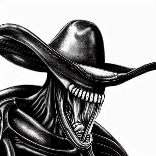 Prompt: a pencil sketch of a xenomorph alien wearing a cowboy hat, white background, fine detail, black and white