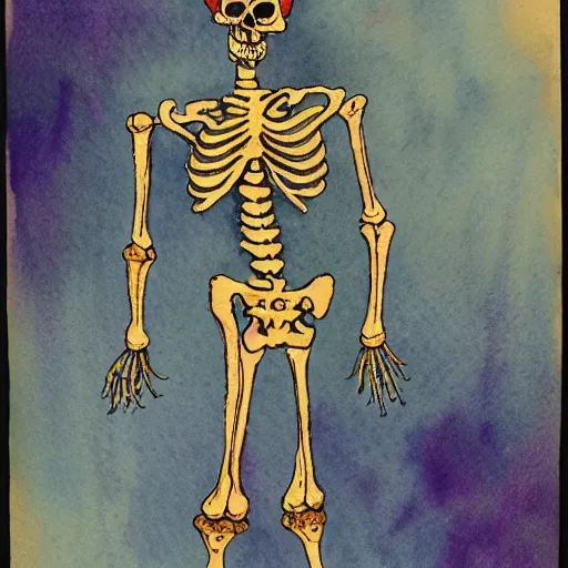 Image similar to Picture of an ornate and extravagant glowing skeleton. Lithograph with watercolor hand colored, gilded trim.