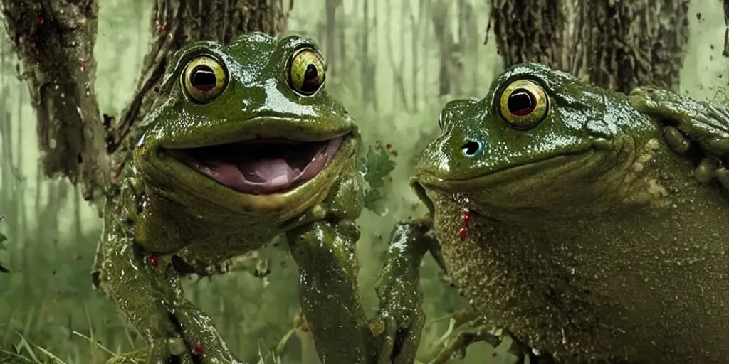 Image similar to horrifying huge robot - frog with blood dripping from it's mouth coming at you in old birch forest, movie scene, movie lighting, detailed, realistic