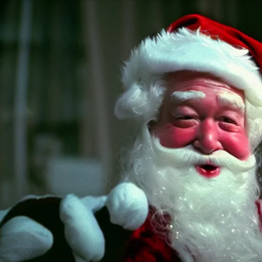 Prompt: glamour shot of a creepy Santa from David Lynch's Christmas movie, soft lighting, film grain, VHS copy