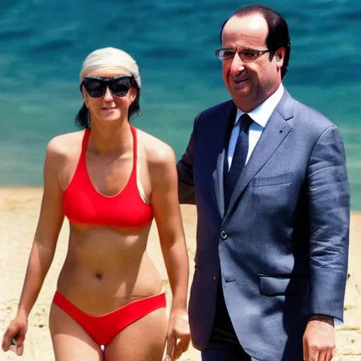 Prompt: François Hollande in a swimsuit of borat in the show Baywatch
