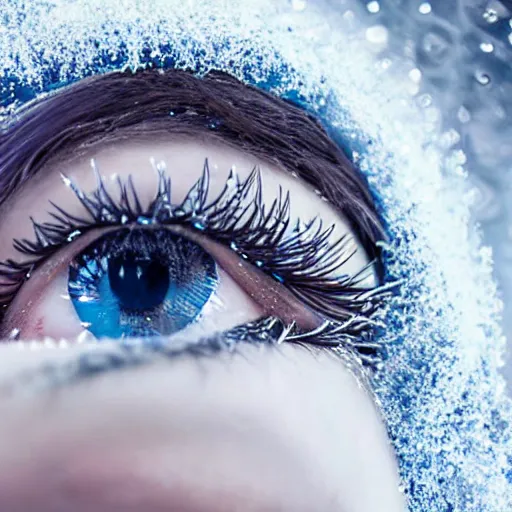 Prompt: female with frosty eye lashes and brows, eyes closed, no makeup, partly submerged in rippling viscous clear oil, frost needles, pale blue tint, complex hyperdetailed technical suit. white hair flowing, frosty breath, sci - fi, futuristic, ultra realistic, wide angle.