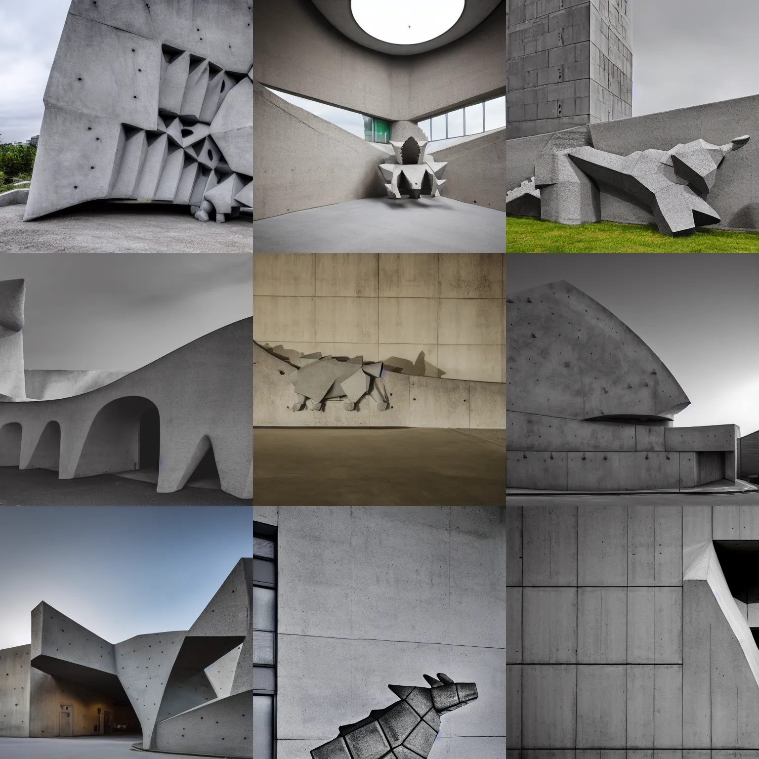 Prompt: a concrete building in the shape of a stegosaur, brutalist style, dslr, soft lighting